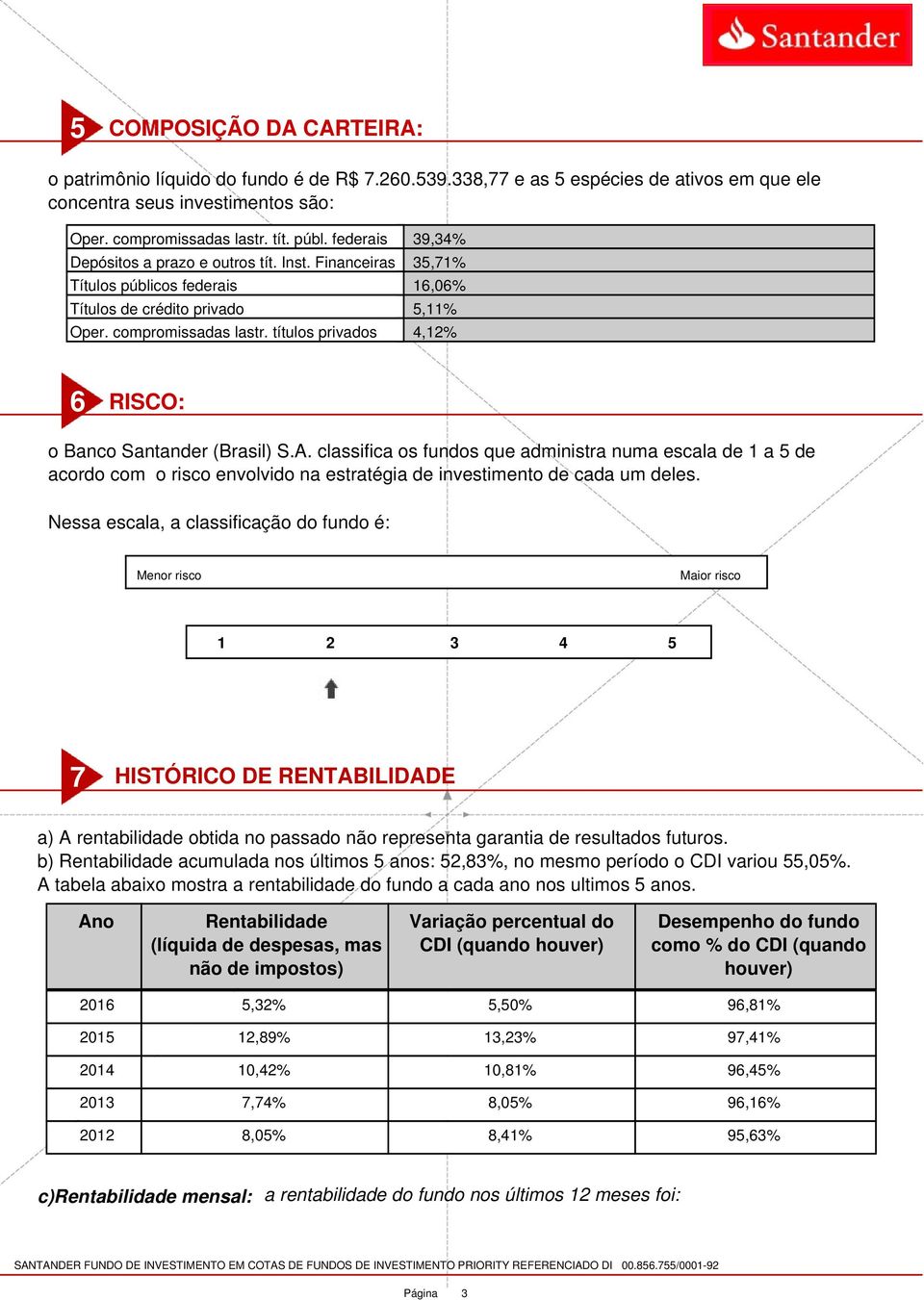 títulos privados 4,12% 6 RISCO: o Banco Santander (Brasil) S.A. classifica os fundos que administra numa escala de 1 a 5 de acordo com o risco envolvido na estratégia de investimento de cada um deles.