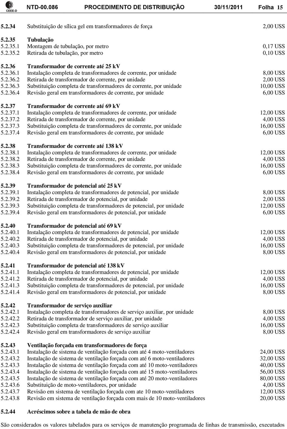 2.36.3 Substituição completa de transformadores de corrente, por unidade 10,00 USS 5.2.36.4 Revisão geral em transformadores de corrente, por unidade 6,00 USS 5.2.37 Transformador de corrente até 69 kv 5.