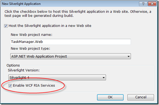 Verifique se caixa para criar o vínculo entre o projeto do cliente e do projeto do servidor para que o WCF RIA Services,