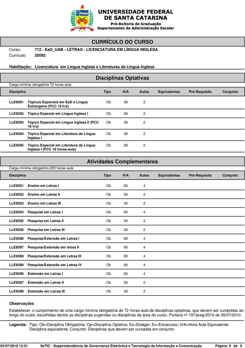 Atividades Complementares LLE9301 Ensino em Letras I LLE9302 Ensino em Letras II LLE9303 Ensino em Letras III LLE9304 Pesquisa em Letras I LLE9305 Pesquisa em Letras II LLE9306 Pesquisa em Letras III