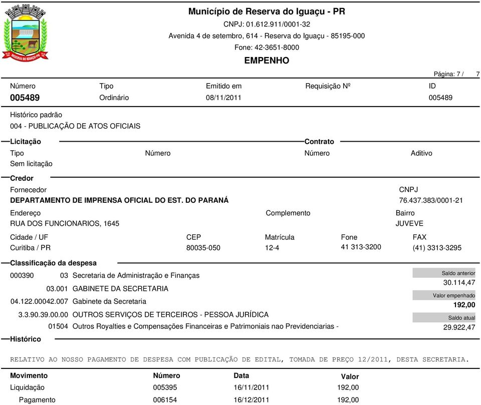 383/0001-21 JUVEVE Curitiba / PR 80035-050 12-4 41 313-3200 (41) 3313-3295 01504 Outros Royalties e Compensações Financeiras e