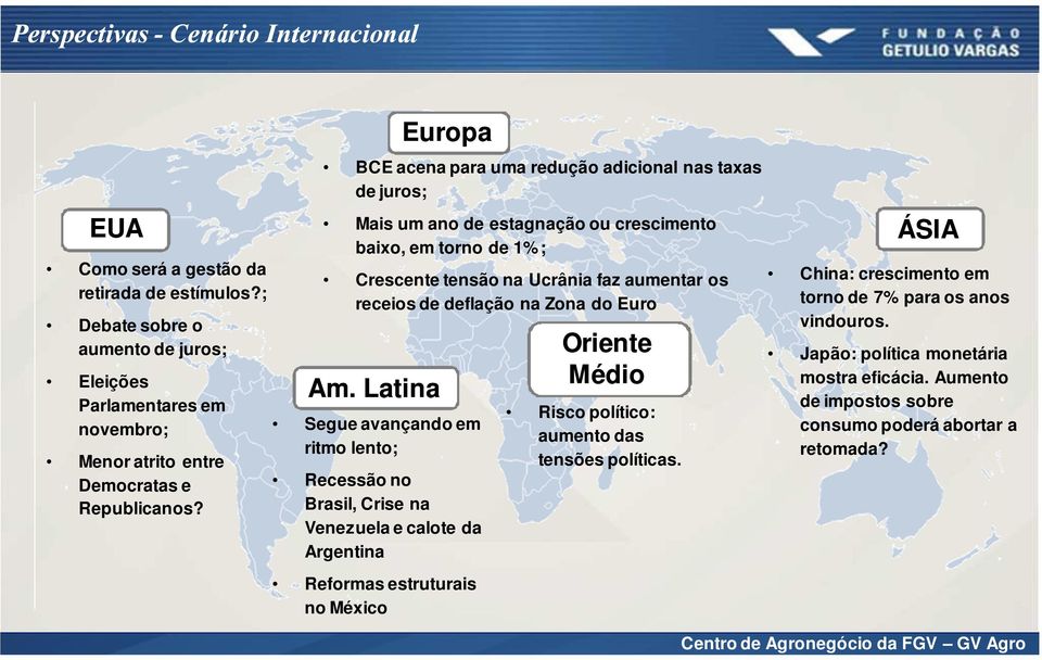 Latina Europa BCE acena para uma redução adicional nas taxas de juros; Mais um ano de estagnação ou crescimento baixo, em torno de 1%; Crescente tensão na Ucrânia faz aumentar os receios de