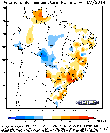 Figura 4 Precipitação total e anomalia de precipitação e de temperatura máxima em dezembro de 2013 Figura 5 Precipitação total e anomalia de