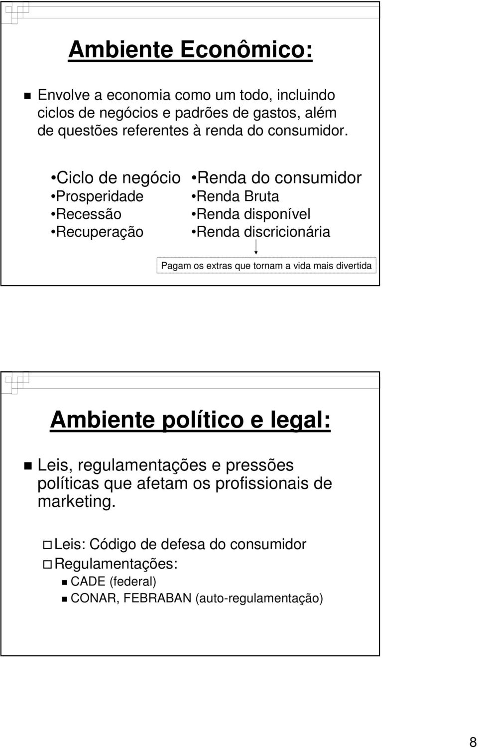 Ciclo de negócio Prosperidade Recessão Recuperação Renda do consumidor Renda Bruta Renda disponível Renda discricionária Pagam os