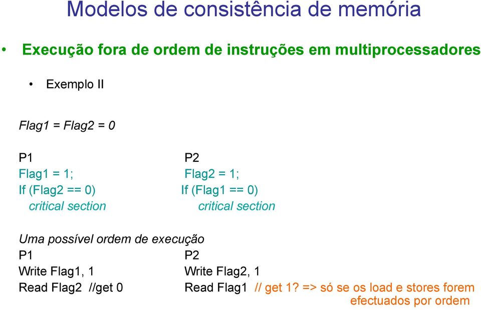 critical section Uma possível ordem de execução P1 P2 Write Flag1, 1 Write Flag2, 1