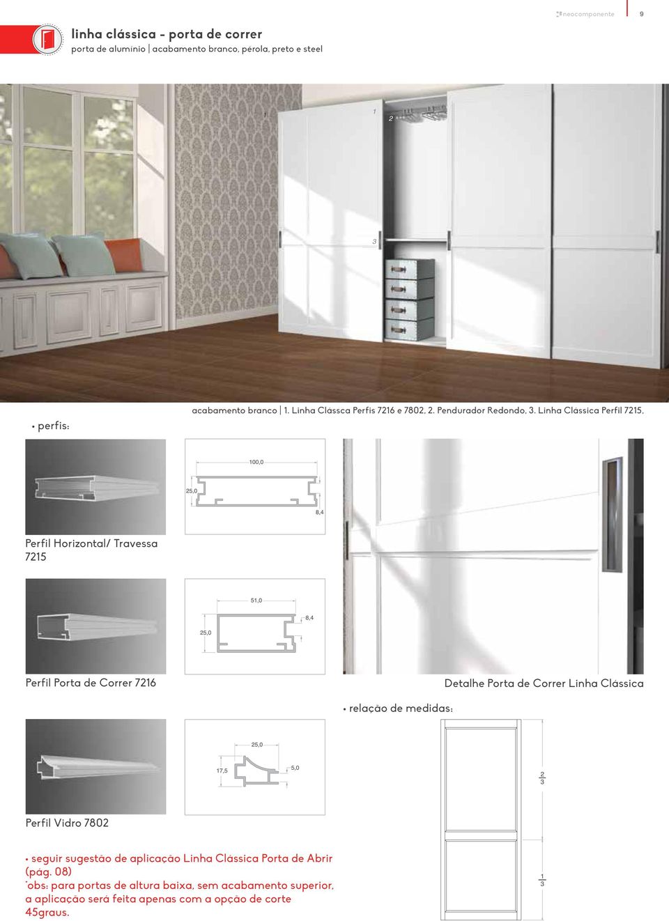 Linha Clássica Perfil 7215, Perfil Horizontal/ Travessa 7215 Perfil Porta de Correr 7216 Detalhe Porta de Correr Linha Clássica relação de