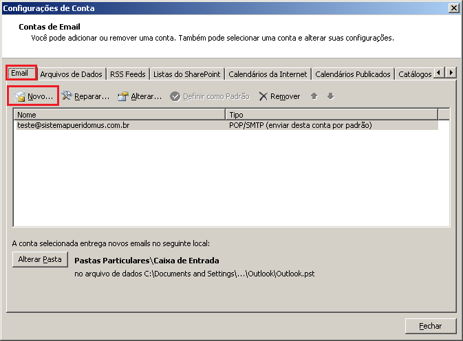 4/ 9 2. Configurando Outlook 2007:. Abra o Outlook. 2. Clique no menu Ferramentas e selecione Configurações da Conta. 3. Na guia E-mail, clique em Novo.