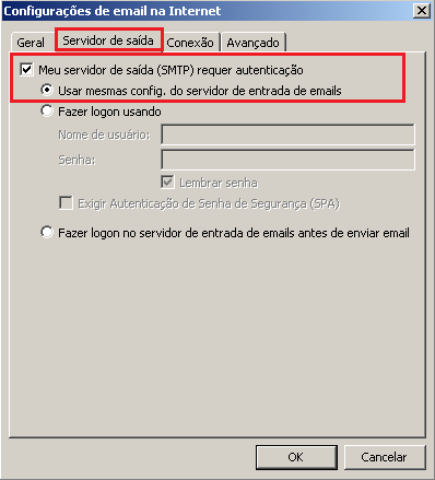 8/ 9 8. Clique no botão Mais configurações. 9. Selecione a guia Servidor de saída e marque a caixa Meu servidor de saída (SMTP) requer autenticação e selecione Usar mesmas cofnig.