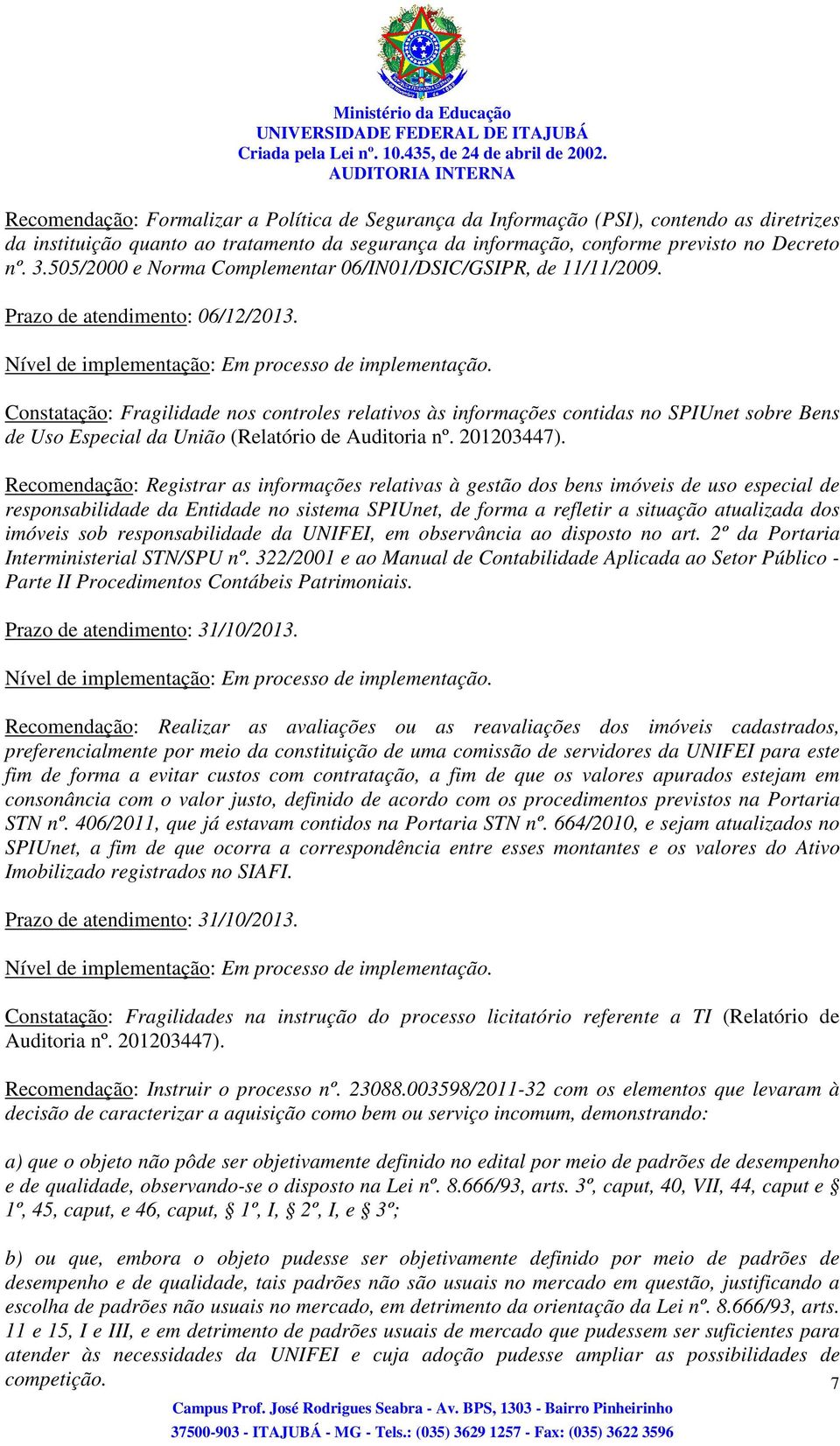 Constatação: Fragilidade nos controles relativos às informações contidas no SPIUnet sobre Bens de Uso Especial da União (Relatório de Auditoria nº. 201203447).