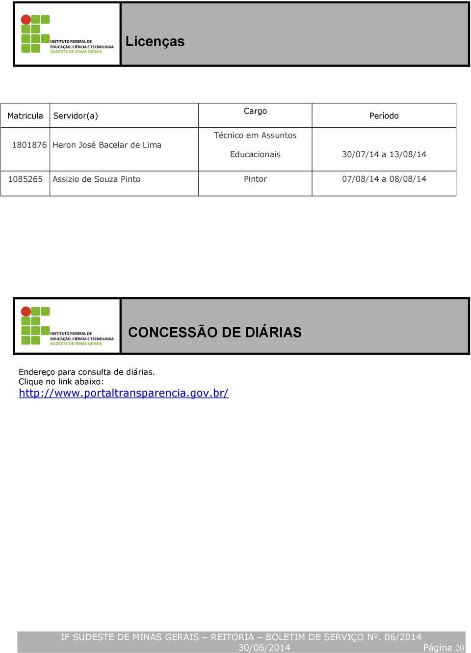 08/08/14 CONCESSÃO DE DIÁRIAS Endereço para consulta de diárias. Clique no link abaixo: http://www.