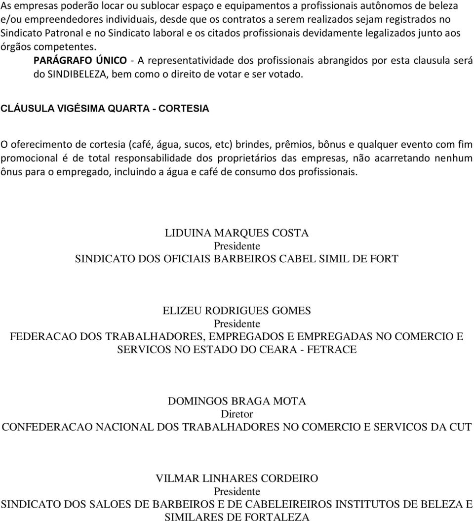 PARÁGRAFO ÚNICO - A representatividade dos profissionais abrangidos por esta clausula será do SINDIBELEZA, bem como o direito de votar e ser votado.