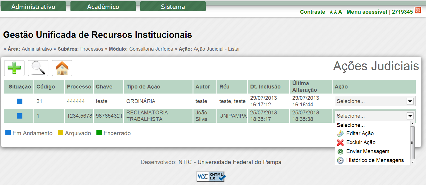 Imagem 19 Listar Ações Judiciais Na Imagem 19 apresenta a listagem de ações judiciais, para cada item da lista apresenta uma lista de possíveis ações, que são Editar ação, Excluir ação, enviar