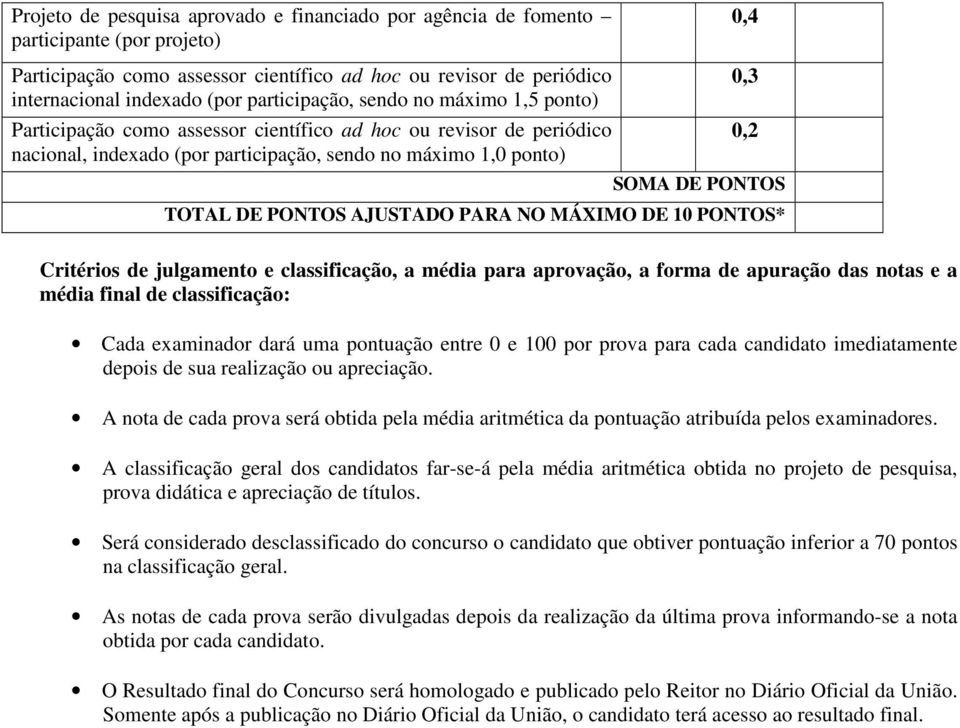 PONTOS AJUSTADO PARA NO MÁXIMO DE 10 PONTOS* Critérios de julgamento e classificação, a média para aprovação, a forma de apuração das notas e a média final de classificação: Cada examinador dará uma