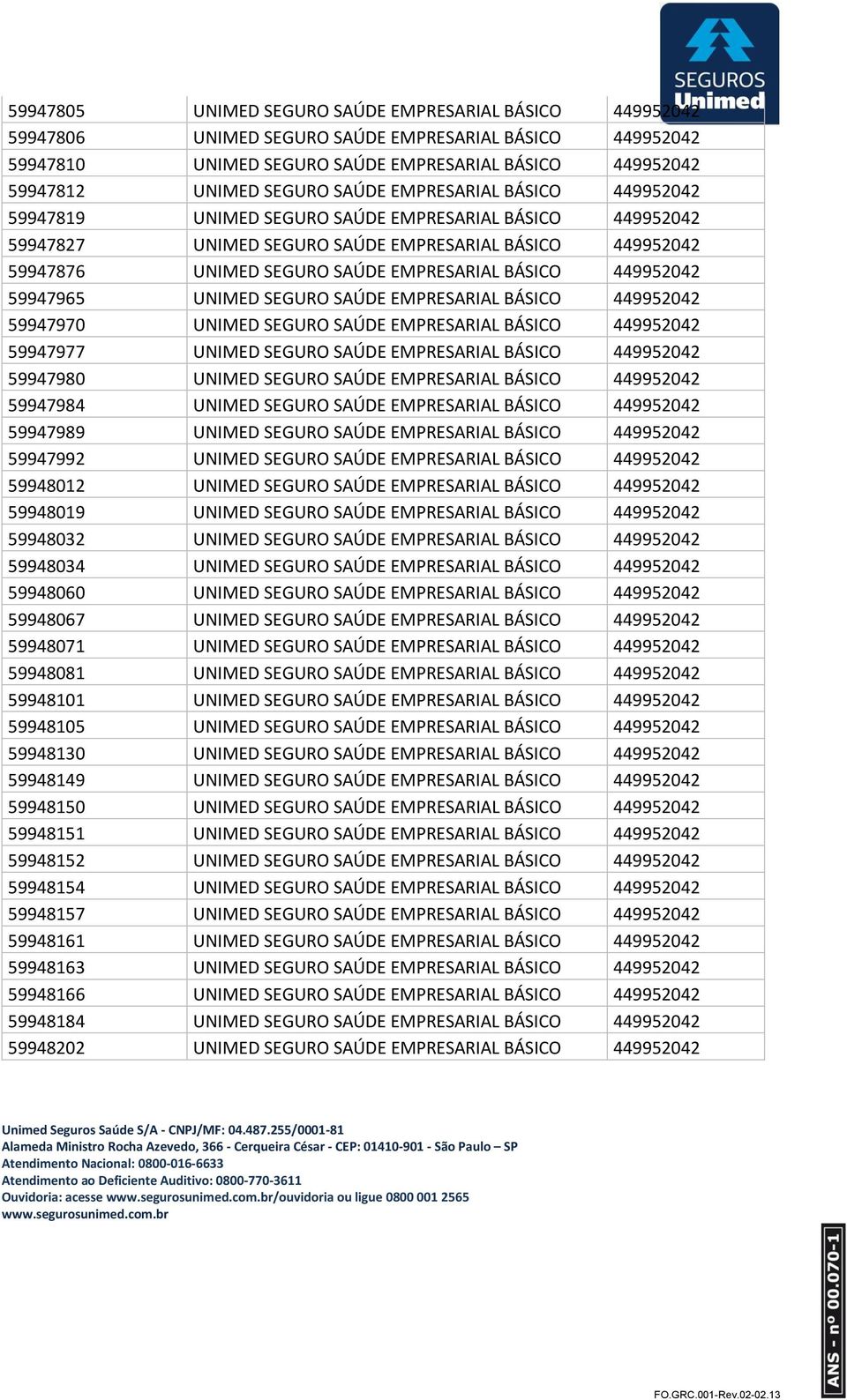 449952042 59947965 UNIMED SEGURO SAÚDE EMPRESARIAL BÁSICO 449952042 59947970 UNIMED SEGURO SAÚDE EMPRESARIAL BÁSICO 449952042 59947977 UNIMED SEGURO SAÚDE EMPRESARIAL BÁSICO 449952042 59947980 UNIMED