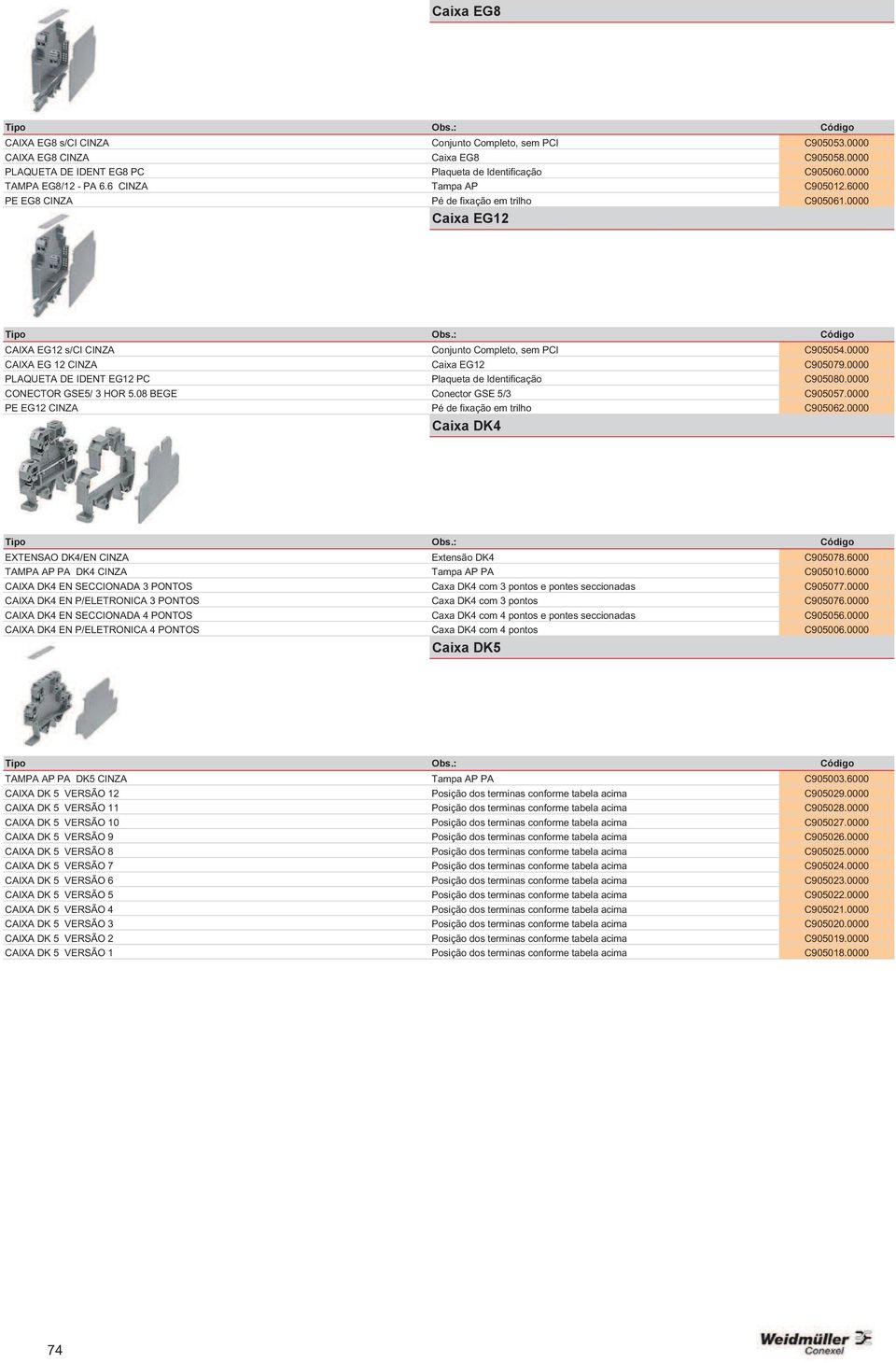 0000 PLAQUETA DE IDENT EG12 PC Plaqueta de Identificação C905080.0000 CONECTOR GSE5/ 3 HOR 5.08 BEGE Conector GSE 5/3 C905057.0000 PE EG12 CINZA Pé de fixação em trilho C905062.