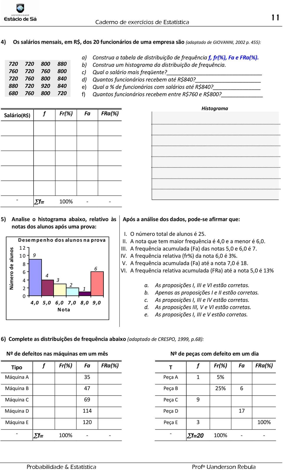 b) Construa um histograma da distribuição de frequência. c) Qual o salário mais freqüente? d) Quantos funcionários recebem até R$840? e) Qual a % de funcionários com salários até R$840?