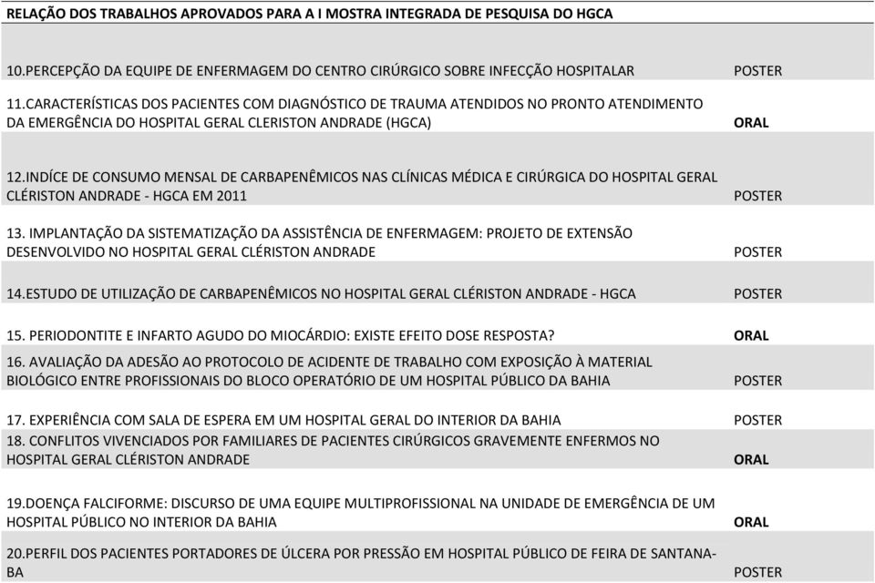 INDÍCE DE CONSUMO MENSAL DE CARBAPENÊMICOS NAS CLÍNICAS MÉDICA E CIRÚRGICA DO HOSPITAL GERAL CLÉRISTON ANDRADE - HGCA EM 2011 13.