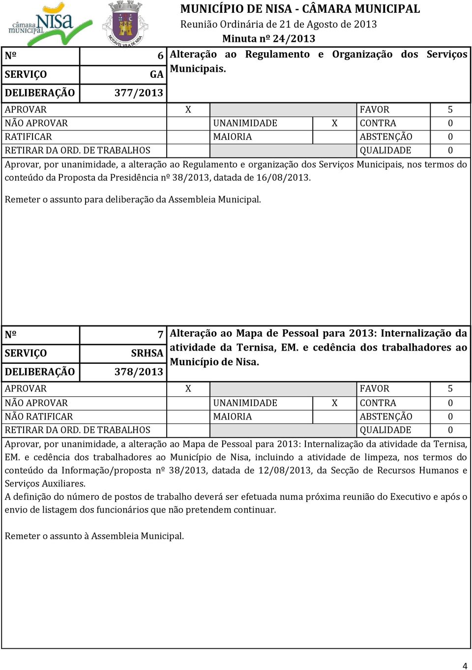 Remeter o assunto para deliberação da Assembleia Municipal. Nº 7 Alteração ao Mapa de Pessoal para 2013: Internalização da atividade da Ternisa, EM.