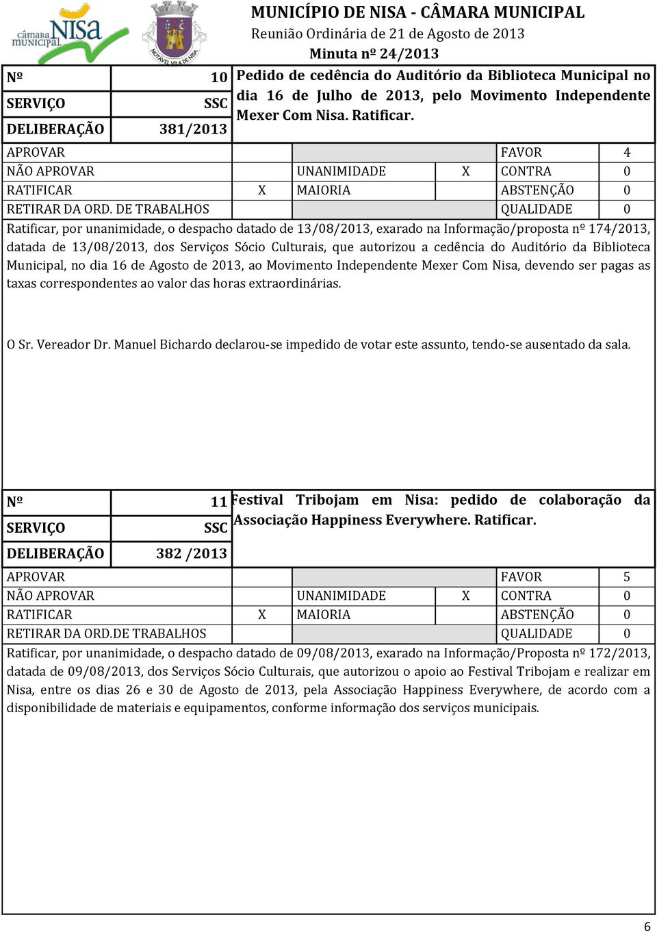 Serviços Sócio Culturais, que autorizou a cedência do Auditório da Biblioteca Municipal, no dia 16 de Agosto de 2013, ao Movimento Independente Mexer Com Nisa, devendo ser pagas as taxas