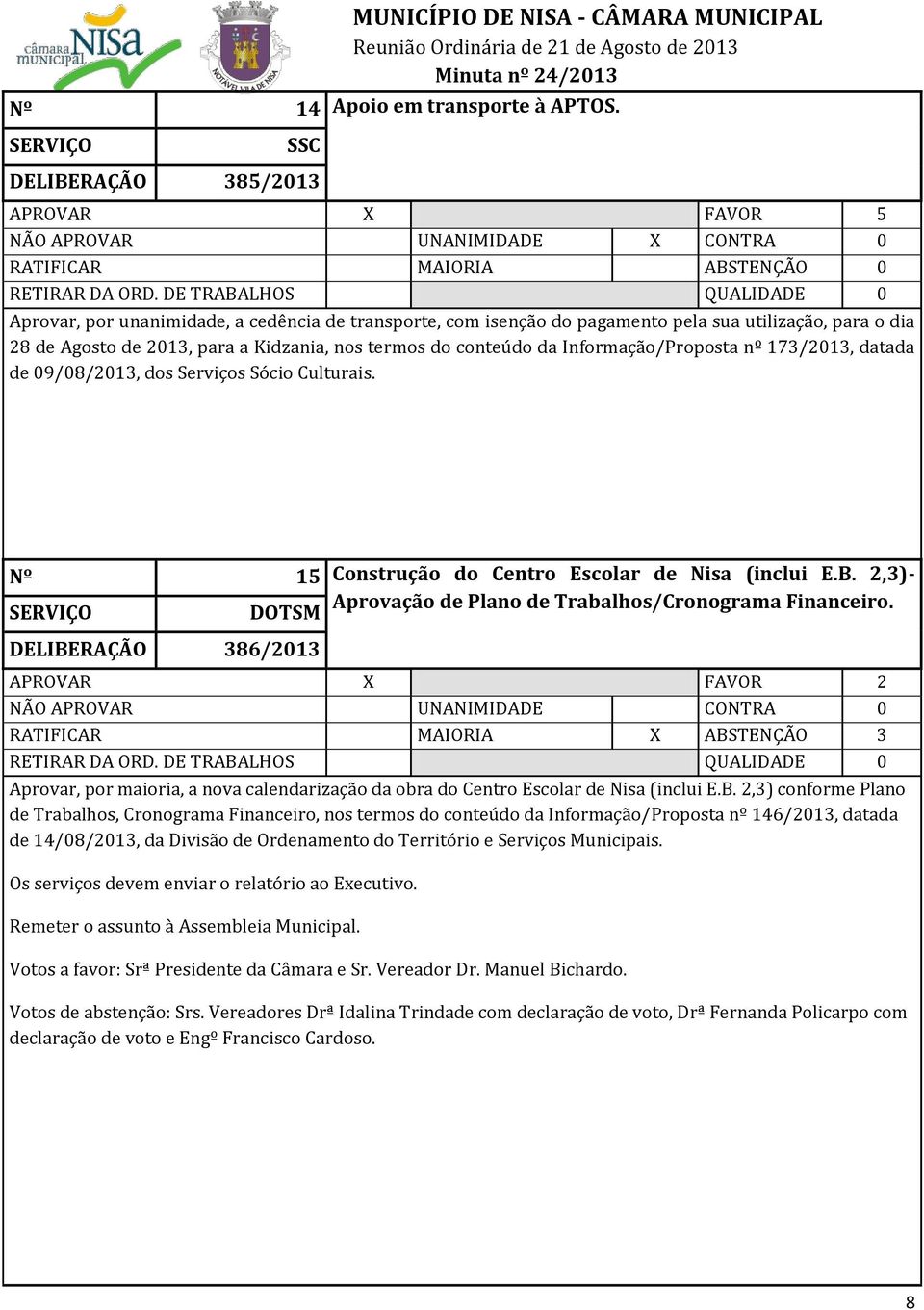 Informação/Proposta nº 173/2013, datada de 09/08/2013, dos Serviços Sócio Culturais. Nº 15 Construção do Centro Escolar de Nisa (inclui E.B.