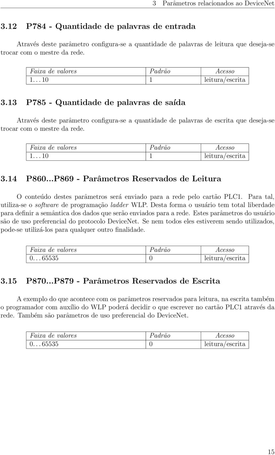..P869 - Parâmetros Reservados de Leitura O conteúdo destes parâmetros será enviado para a rede pelo cartão PLC1. Para tal, utiliza-se o software de programação ladder WLP.
