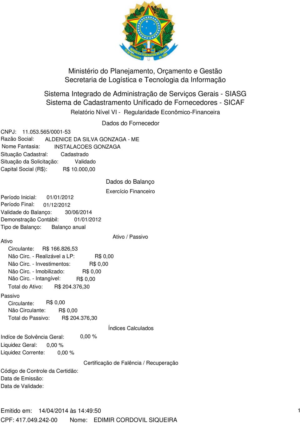 376,30 Relatório Nível VI - Regularidade Econômico-Financeira Dados do Balanço Exercício Financeiro Ativo Ativo / Passivo Circulante: R$ 166.826,53 Não Circ. - Realizável a LP: R$ 0,00 Não Circ.