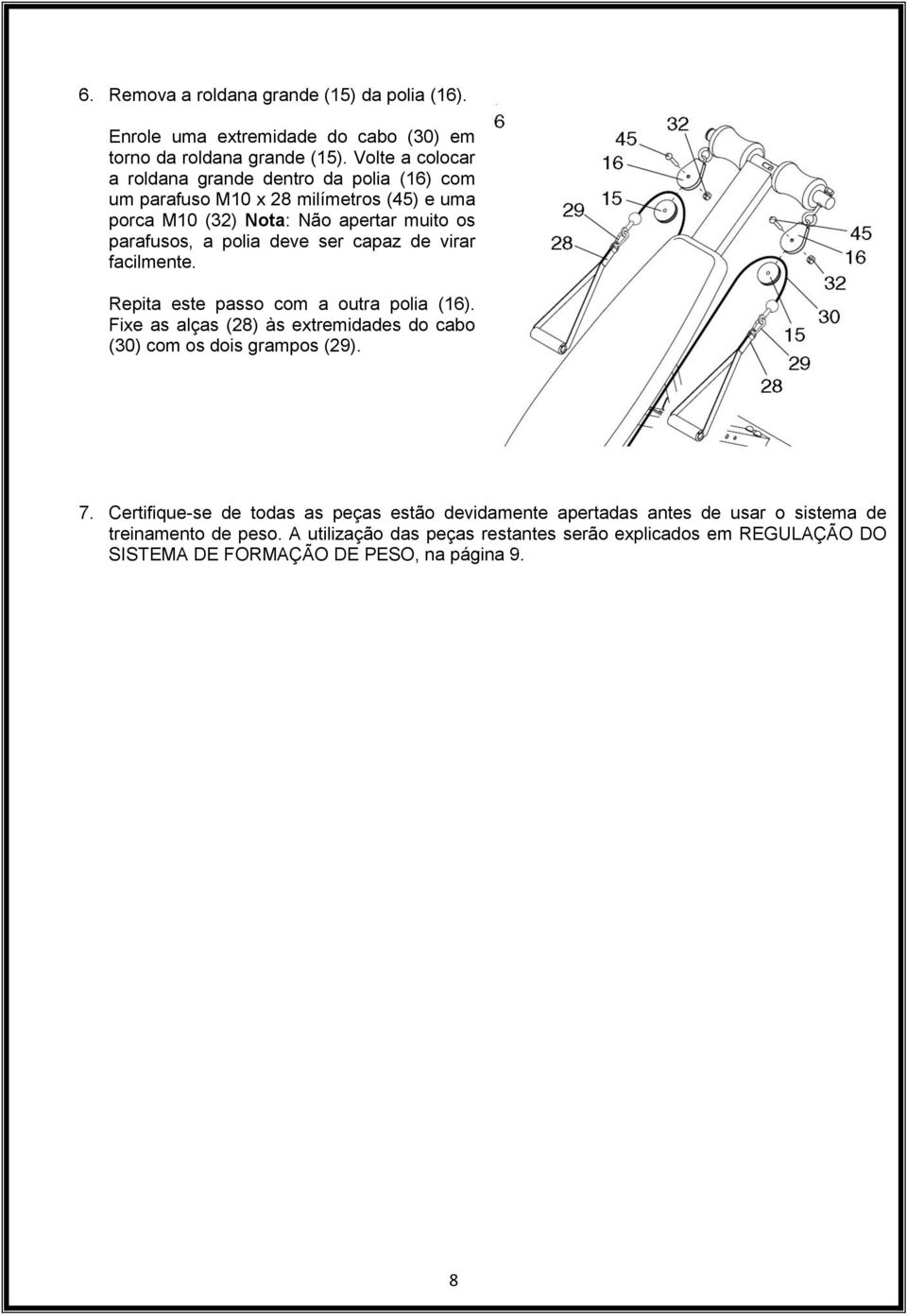 deve ser capaz de virar facilmente. Repita este passo com a outra polia (16). Fixe as alças (28) às extremidades do cabo (30) com os dois grampos (29). 7.