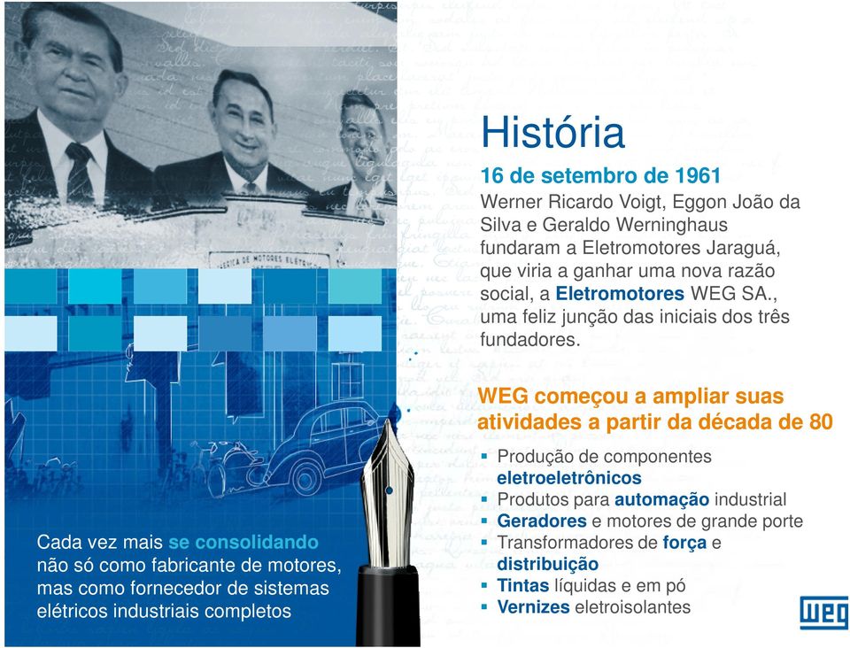 Cada vez mais se consolidando não só como fabricante de motores, mas como fornecedor de sistemas elétricos industriais completos WEG começou a ampliar suas