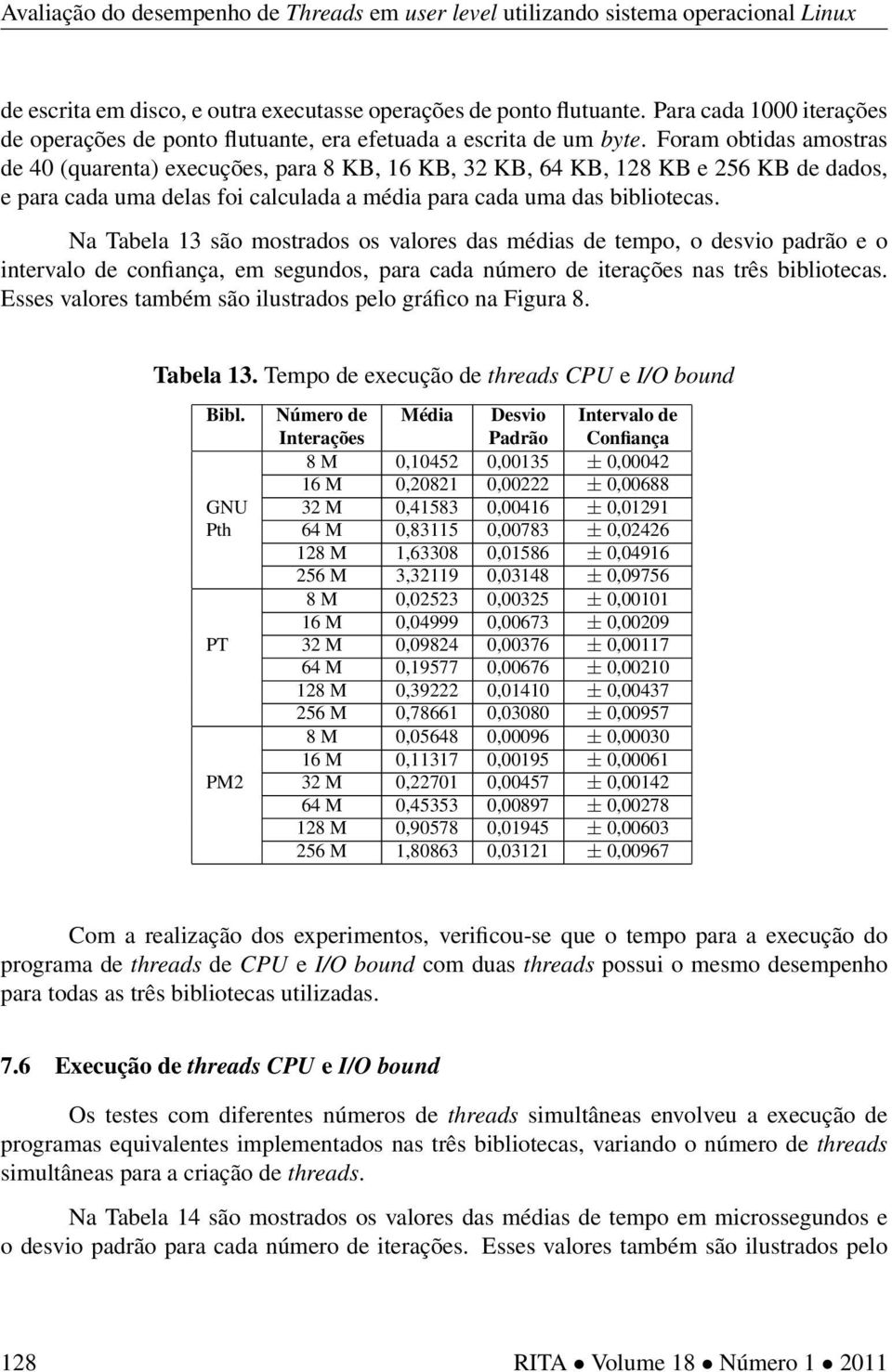 Na Tabela 13 são mostrados os valores das médias de tempo, o desvio padrão e o intervalo de confiança, em segundos, para cada número de iterações nas três bibliotecas.