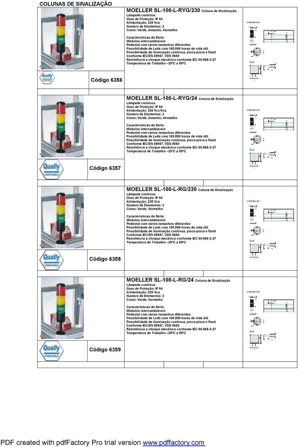 Cores: Verde, Amarelo, Vermelho Código 6357 MOELLER SL-100-L-RG/230 Coluna de Sinalização Numero de Elementos: 2 Cores:
