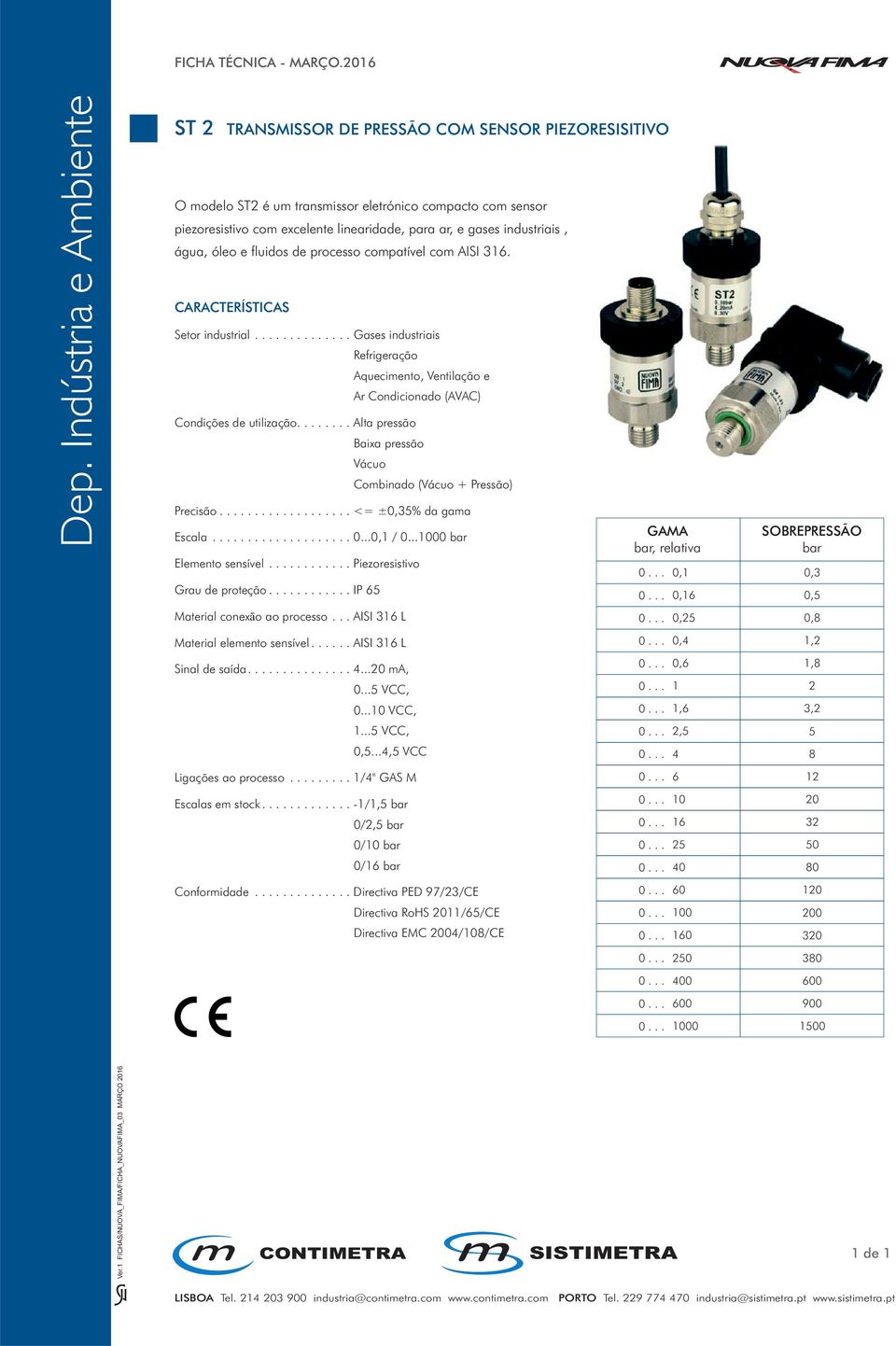 óleo e fluidos de processo compatível com AISI 316. Setor industrial.............. Gases industriais Refrigeração Aquecimento, Ventilação e Ar Condicionado (AVAC) Condições de utilização.