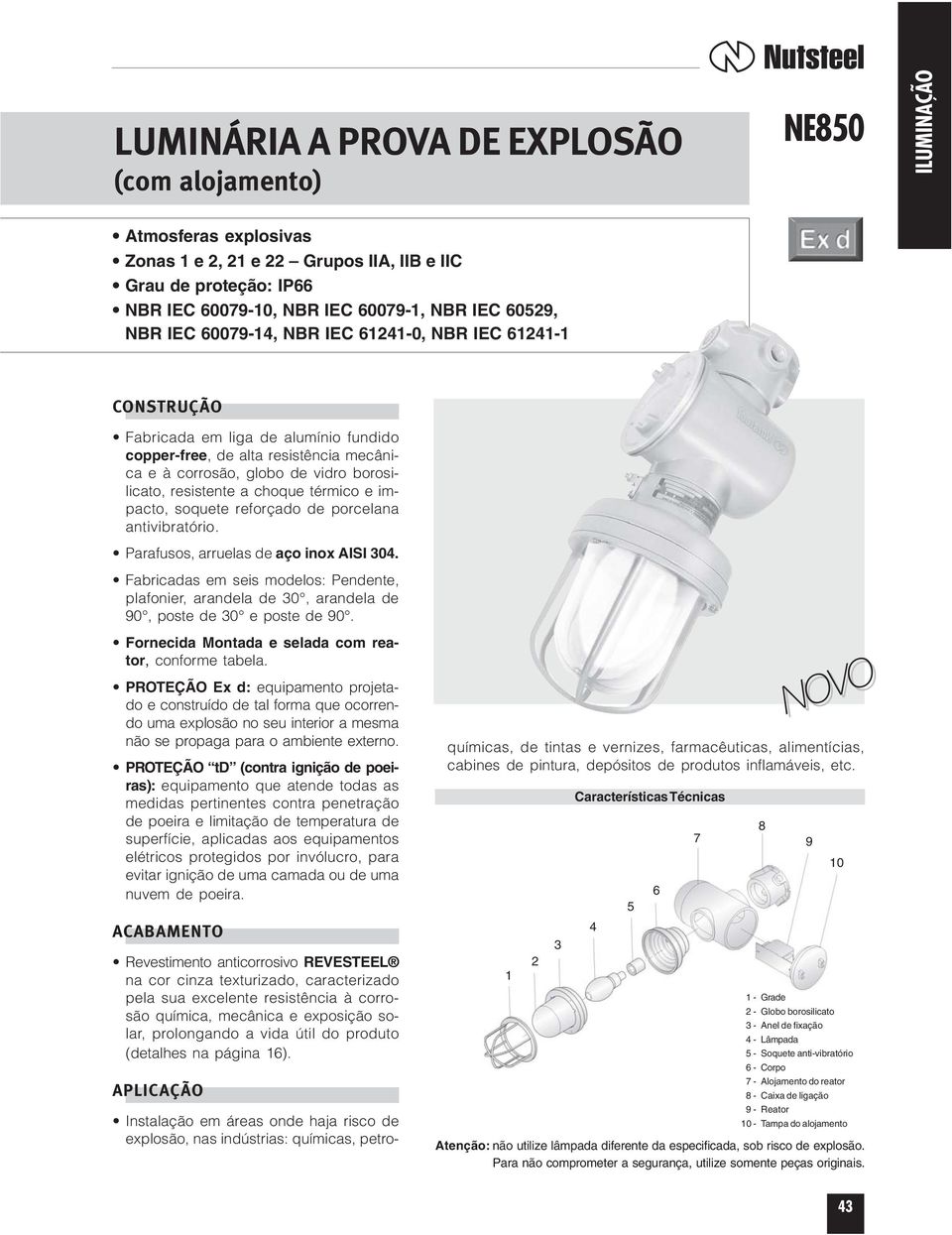 resistente a choque térmico e impacto, soquete reforçado de porcelana antivibratório. Parafusos, arruelas de aço inox AISI 304.