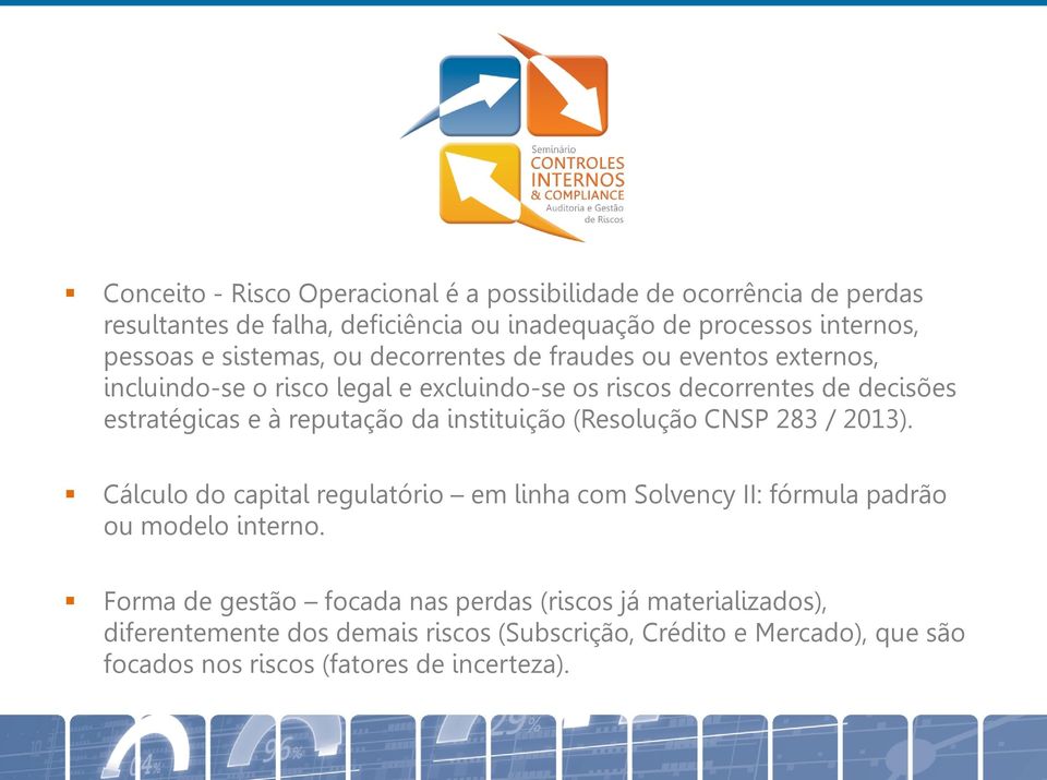 reputação da instituição (Resolução CNSP 283 / 2013). Cálculo do capital regulatório em linha com Solvency II: fórmula padrão ou modelo interno.