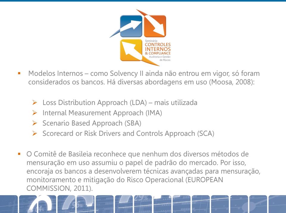 Approach (SBA) Scorecard or Risk Drivers and Controls Approach (SCA) O Comitê de Basileia reconhece que nenhum dos diversos métodos de mensuração