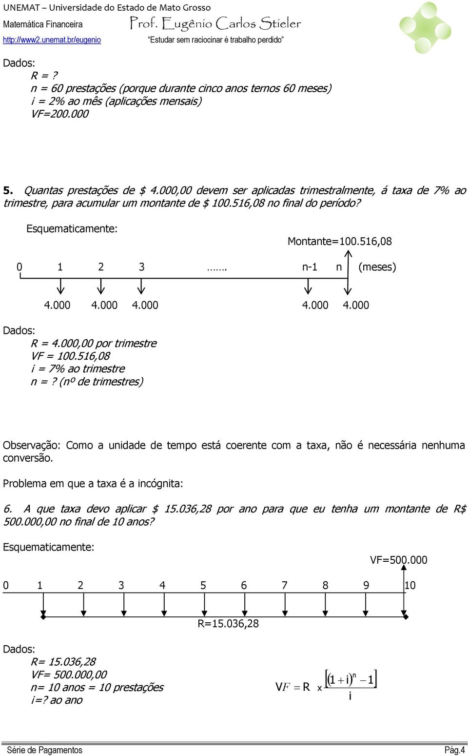 000,00 devem ser aplcadas trmestralmete, á taxa de 7% ao trmestre, para acumular um motate de $ 100.516,08 o fal do período? Esquematcamete: Motate=100.516,08 0 1 2 3. -1 (meses) 4.000 4.000 4.000 4.000 4.000 R = 4.