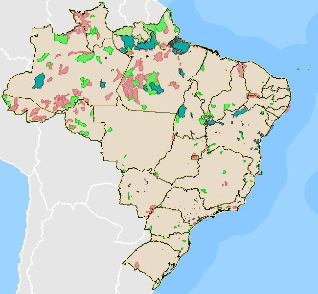 Bens da União Assentamentos Ruais: 650.270 km² Unidades de Conservação: 1.387.