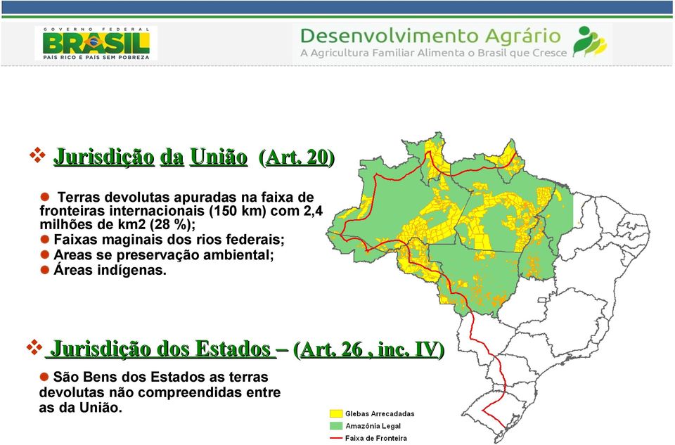 milhões de km2 (28 %); Faixas maginais dos rios federais; Areas se preservação