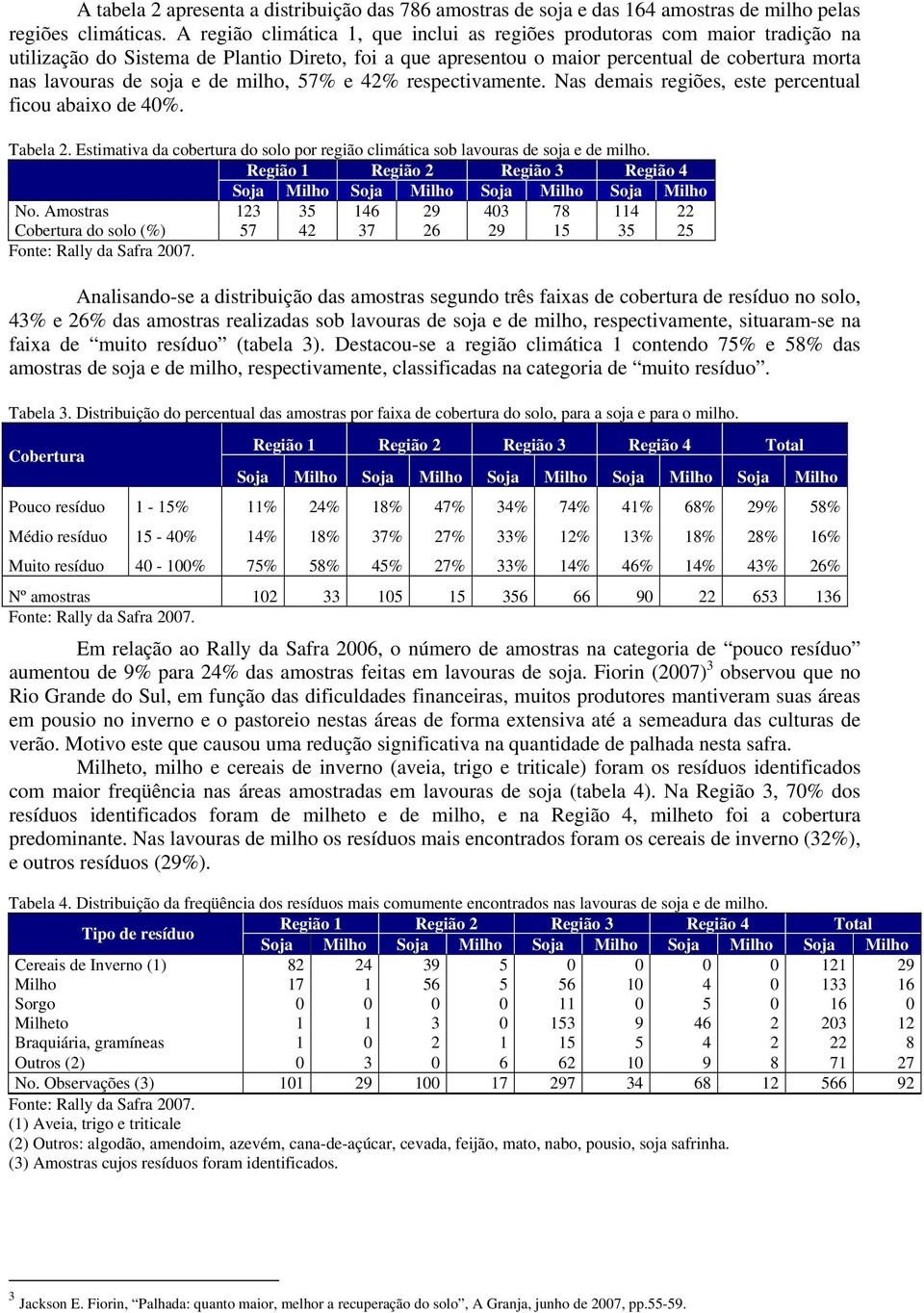 de milho, 57% e 42% respectivamente. Nas demais regiões, este percentual ficou abaixo de 40%. Tabela 2. Estimativa da cobertura do solo por região climática sob lavouras de soja e de milho.