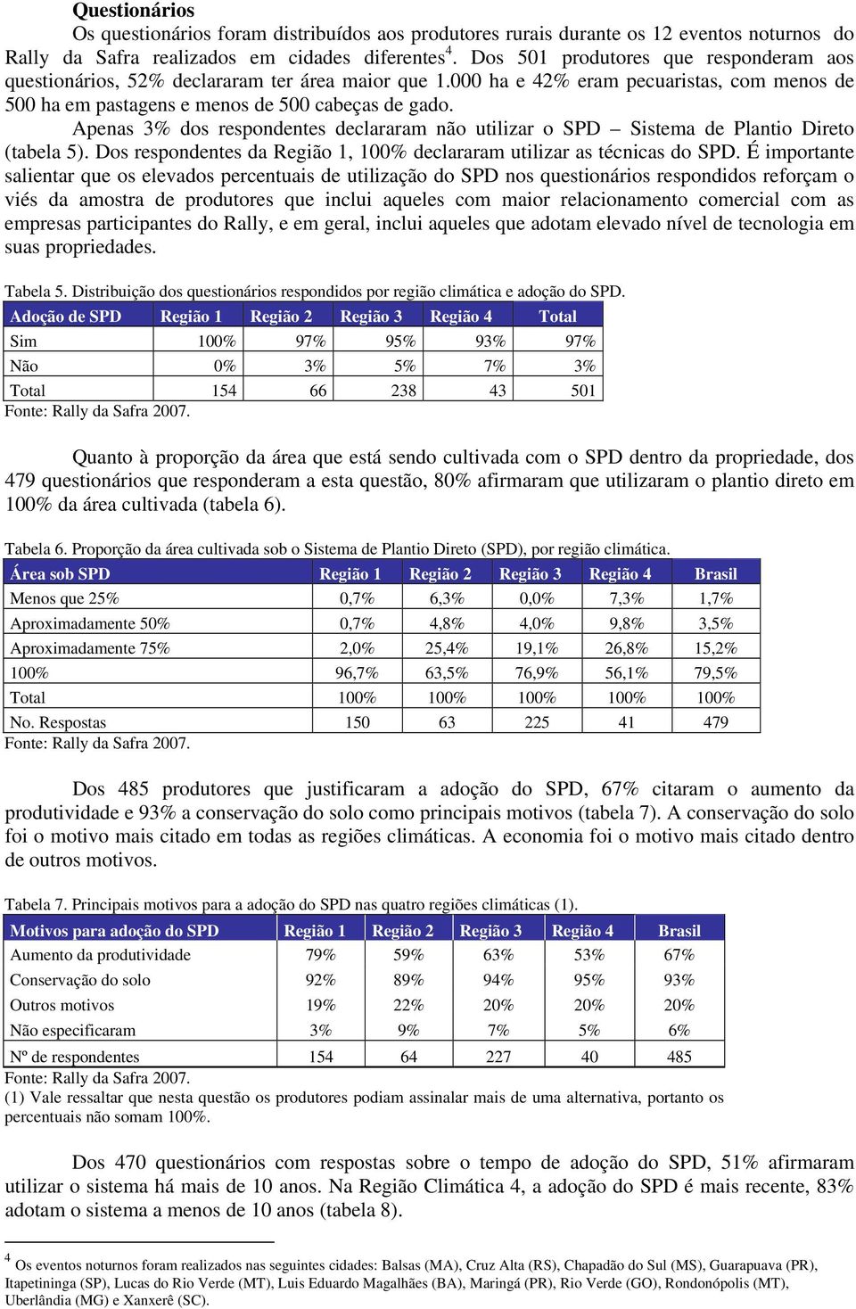 Apenas 3% dos respondentes declararam não utilizar o SPD Sistema de Plantio Direto (tabela 5). Dos respondentes da Região 1, 100% declararam utilizar as técnicas do SPD.