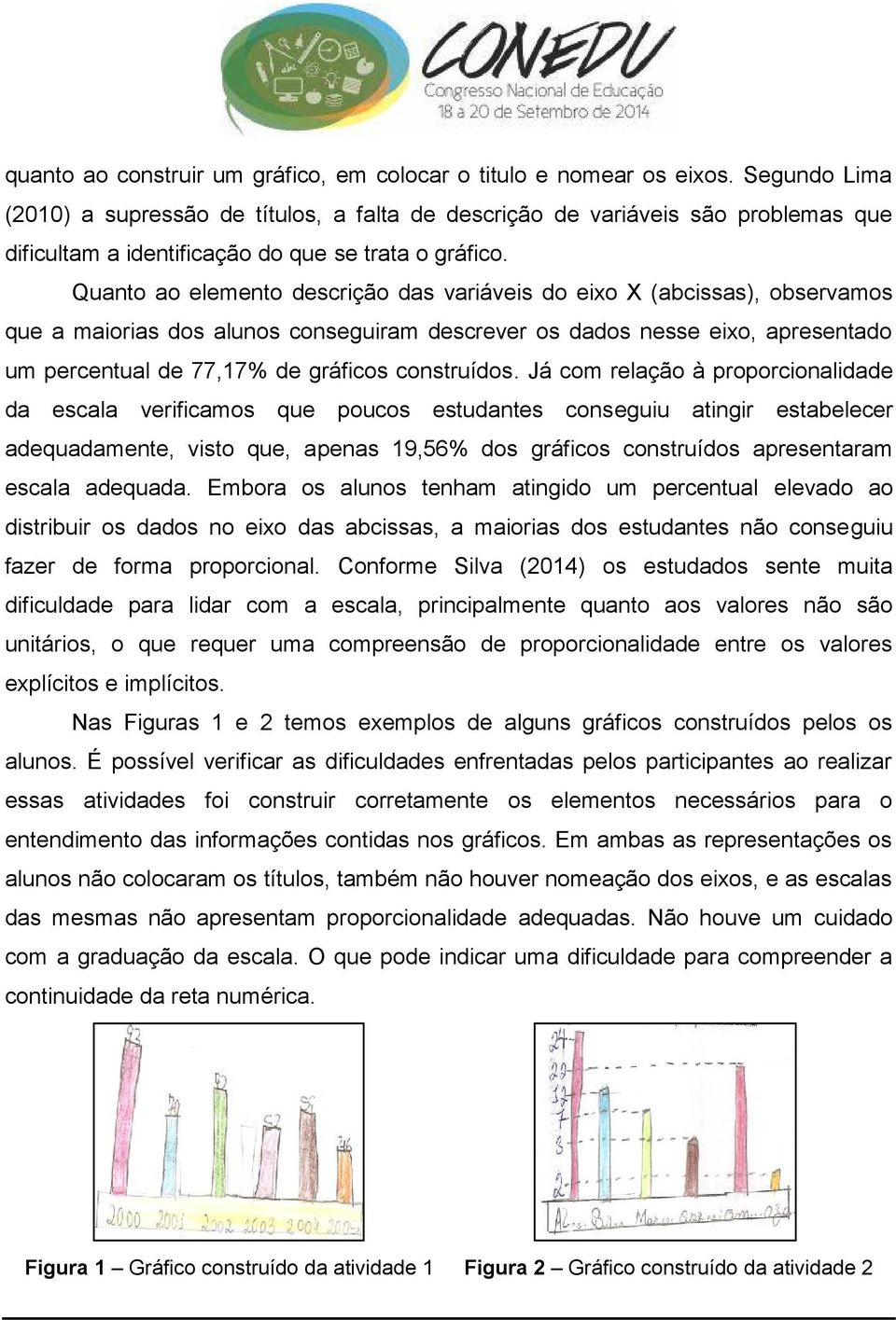 Quanto ao elemento descrição das variáveis do eixo X (abcissas), observamos que a maiorias dos alunos conseguiram descrever os dados nesse eixo, apresentado um percentual de 77,17% de gráficos