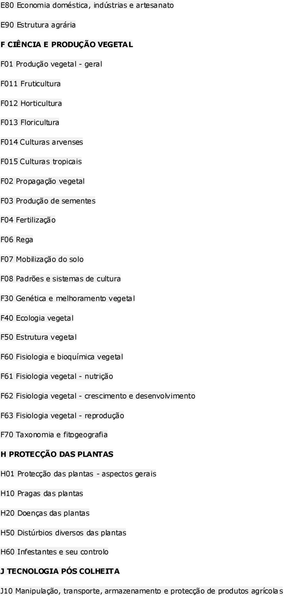 vegetal F40 Ecologia vegetal F50 Estrutura vegetal F60 Fisiologia e bioquímica vegetal F61 Fisiologia vegetal - nutrição F62 Fisiologia vegetal - crescimento e desenvolvimento F63 Fisiologia vegetal