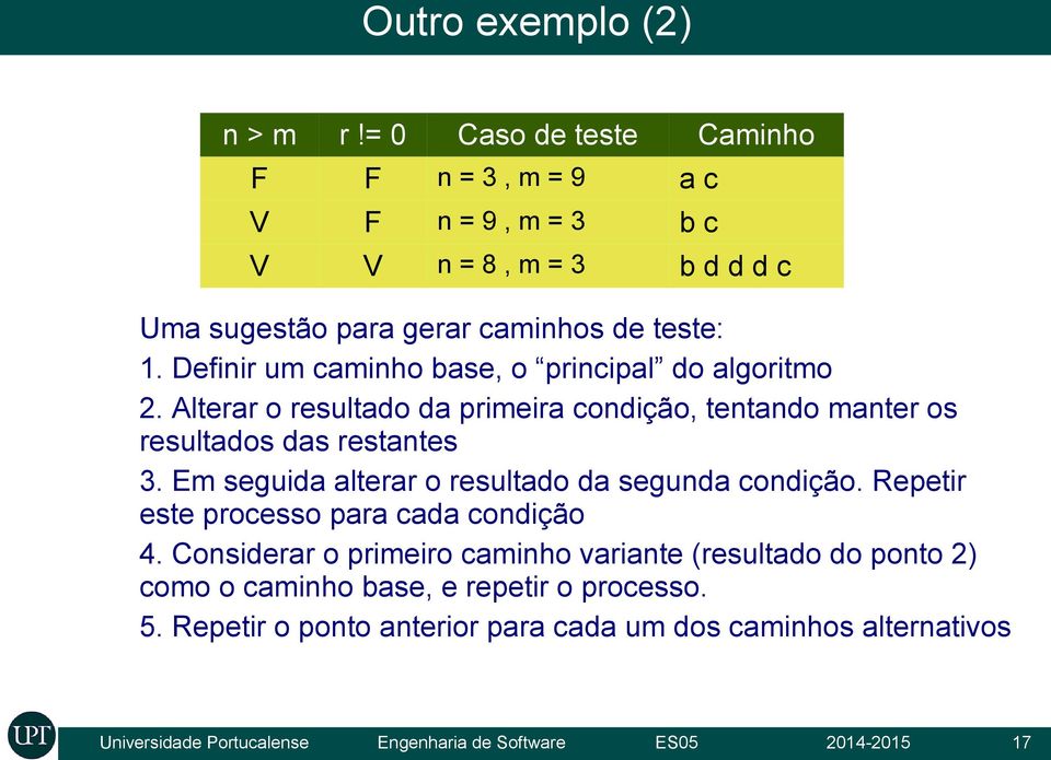 Definir um caminho base, o principal do algoritmo 2. Alterar o resultado da primeira condição, tentando manter os resultados das restantes 3.