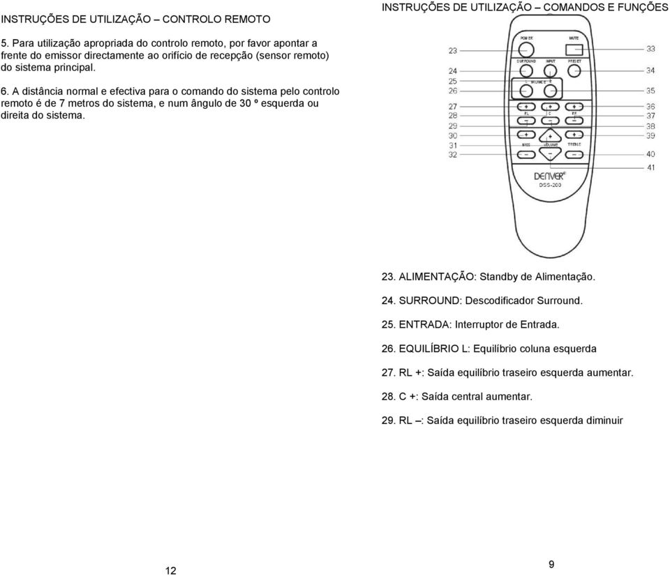 A distância normal e efectiva para o comando do sistema pelo controlo remoto é de 7 metros do sistema, e num ângulo de 30 º esquerda ou direita do sistema. 23.