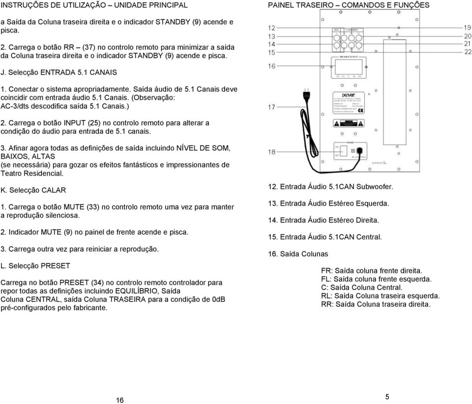 Conectar o sistema apropriadamente. Saída áudio de 5.1 Canais deve coincidir com entrada áudio 5.1 Canais. (Observação: AC-3/dts descodifica saída 5.1 Canais.) 2.