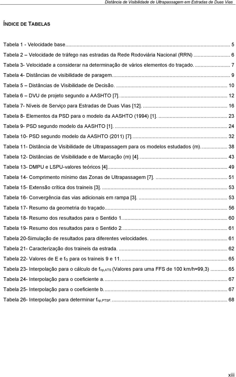 ... 10 Tabela 6 DVU de projeto segundo a AASHTO [7].... 12 Tabela 7- Níveis de Serviço para Estradas de Duas Vias [12].... 16 Tabela 8- Elementos da PSD para o modelo da AASHTO (1994) [1].