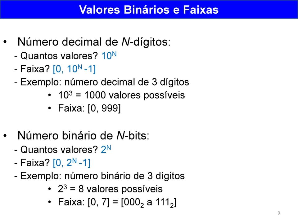 999] Número binário de N-bits: - Quantos valores? 2 N - Faixa?