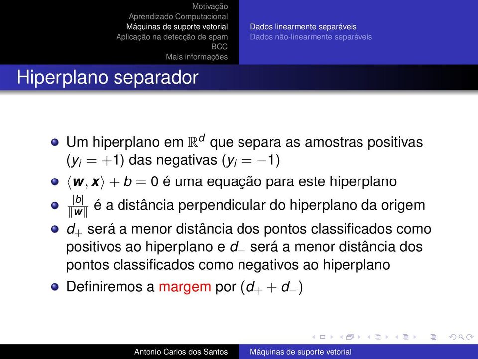 da origem d + será a menor distância dos pontos classificados como positivos ao hiperplano e d será a