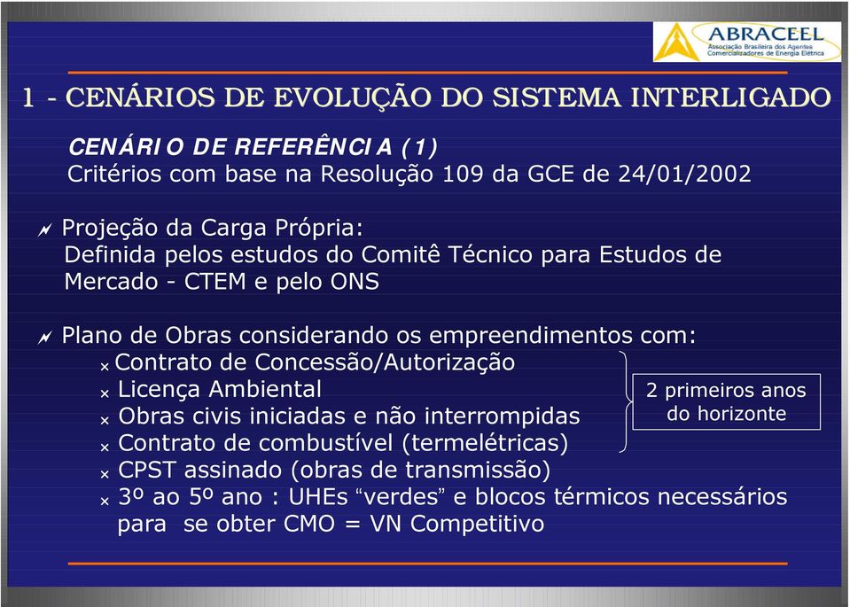 com: Contrato de Concessão/Autorização Licença Ambiental Obras civis iniciadas e não interrompidas Contrato de combustível (termelétricas) CPST