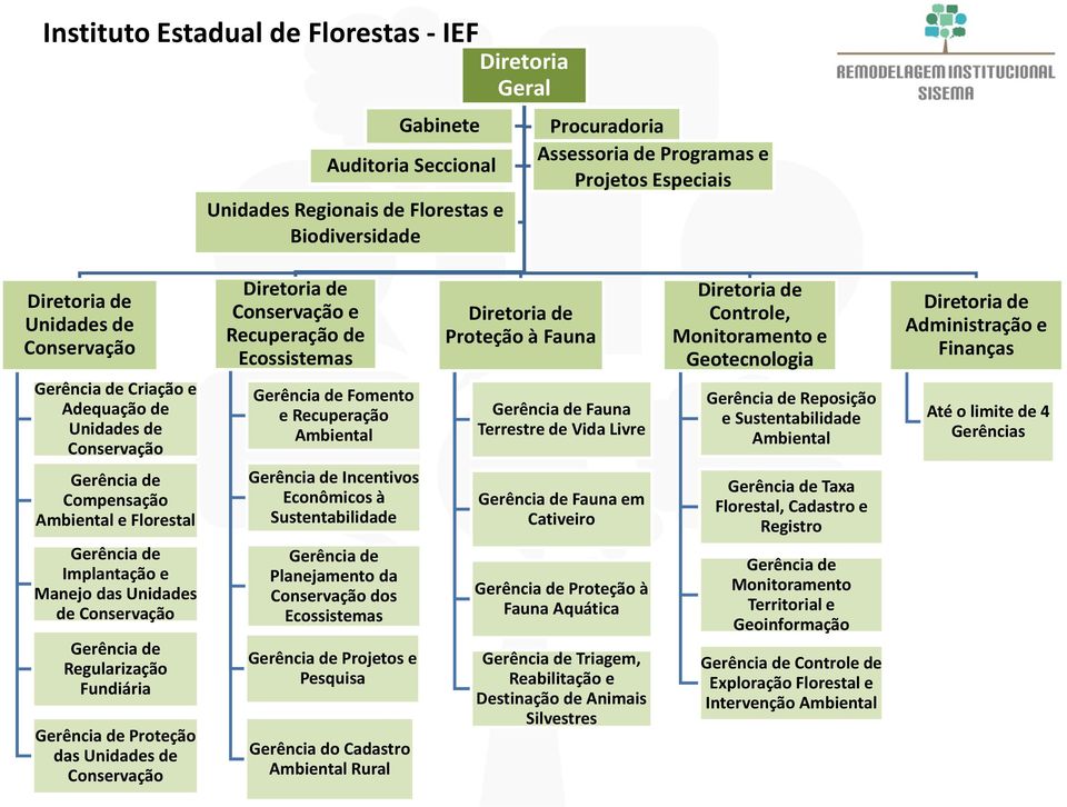 Geotecnologia Reposição e Sustentabilidade Administração e Finanças Até o limite de 4 Gerências Compensação e Florestal Implantação e Manejo das Unidades de Conservação Regularização Fundiária