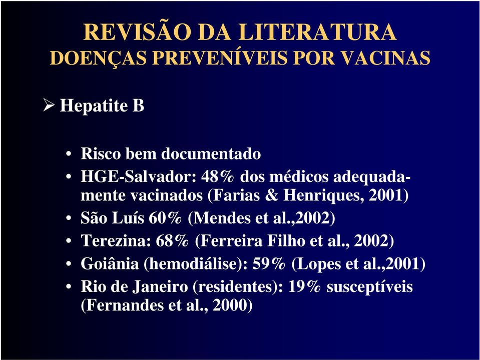 60% (Mendes et al.,2002) Terezina: 68% (Ferreira Filho et al.